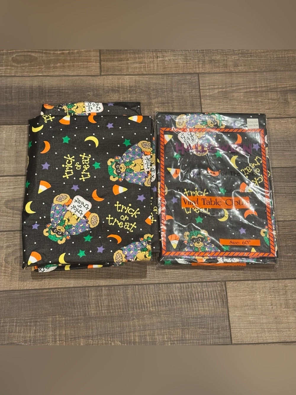 Vintage Boo Halloween Bears trick or Treat Vinyl Tablecloth 60" Round Set of 2